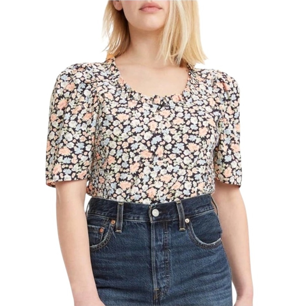 Levis Shirt Women Small Black Louise‎ Puff Sleeve Floral Smocked Top NWT Boho